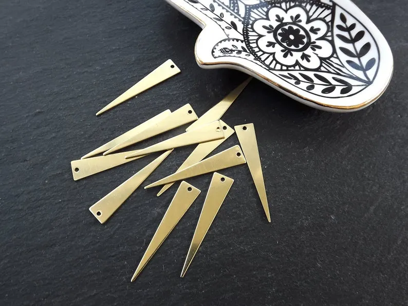 12 Raw Brass Triangle Spike Pendant Charm Blank, Earring Connector Findings, 40x8mm,