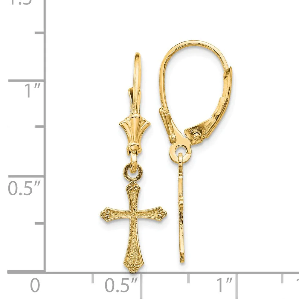 14K Gold Cross Drop Earrings with Leverback Closure Elegant & Solid