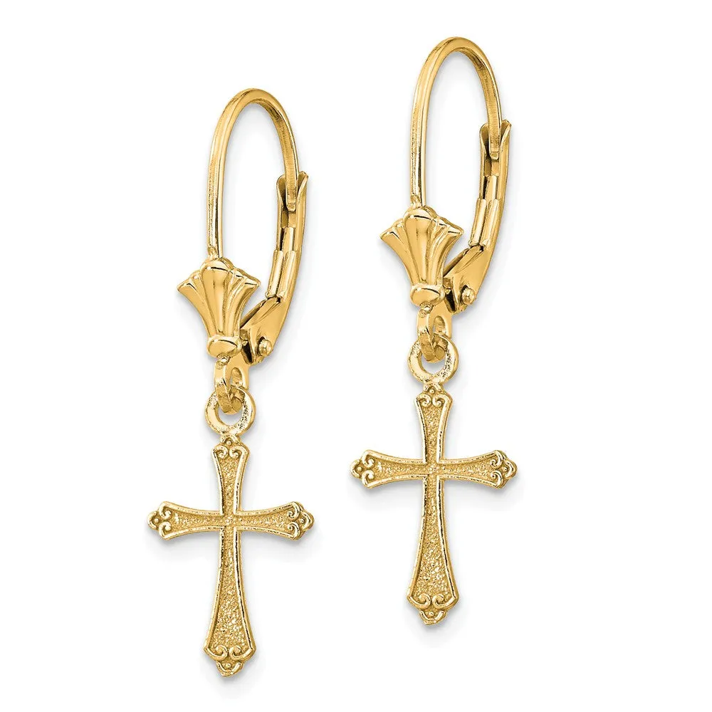 14K Gold Cross Drop Earrings with Leverback Closure Elegant & Solid