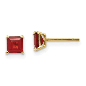 14K Gold Garnet Square Stud Earrings with Polished Finish