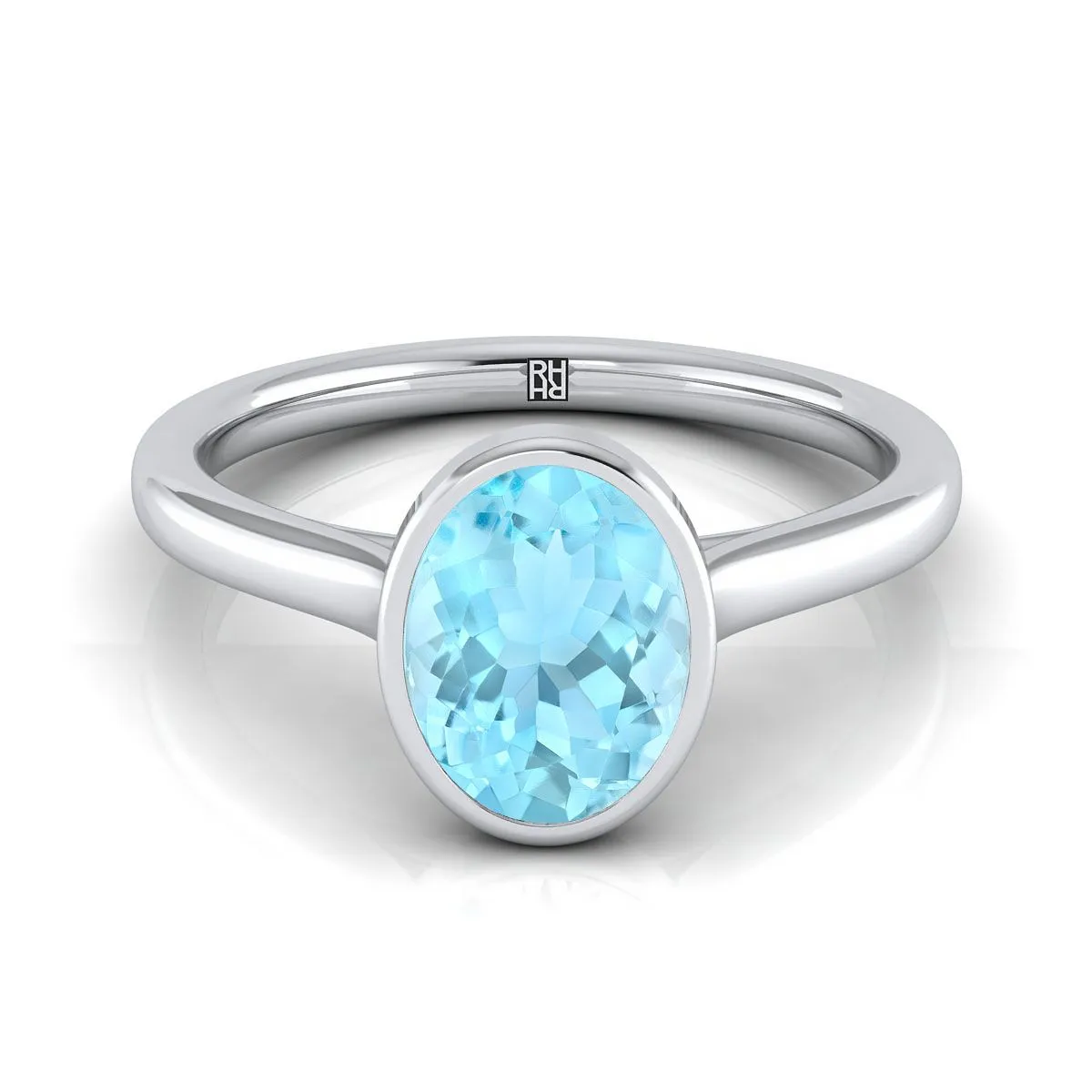 14K White Gold Oval Aquamarine Simple Bezel Solitaire Engagement Ring