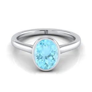 14K White Gold Oval Aquamarine Simple Bezel Solitaire Engagement Ring