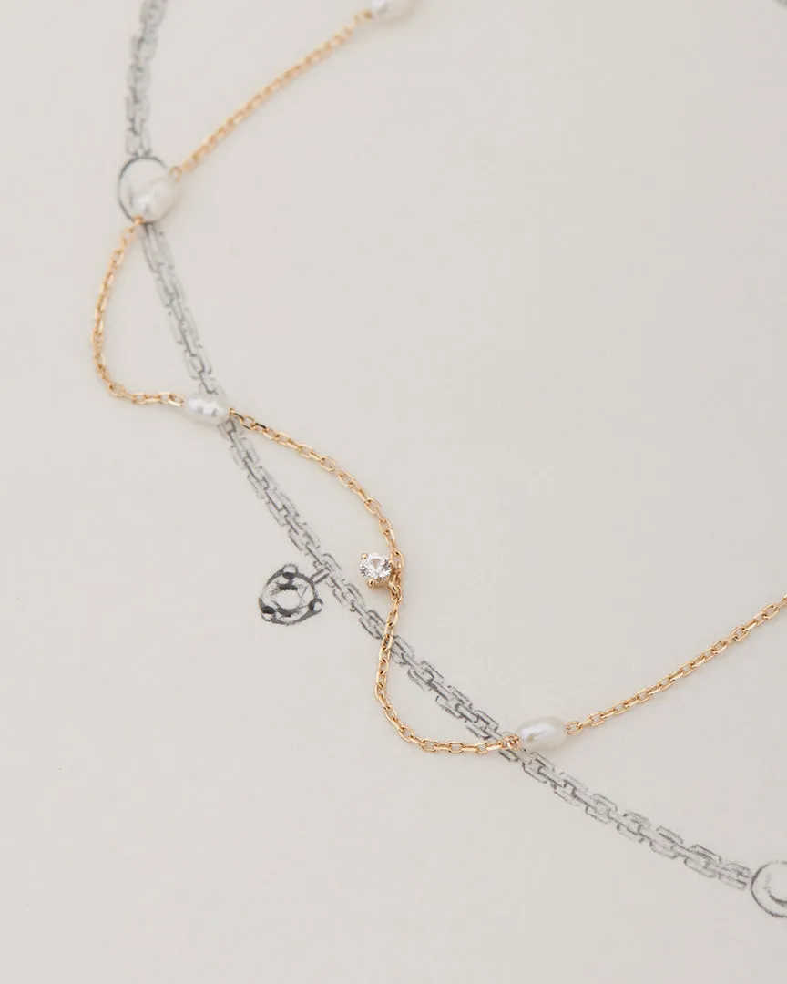 14kt Gold Pearl and White Sapphire Necklace