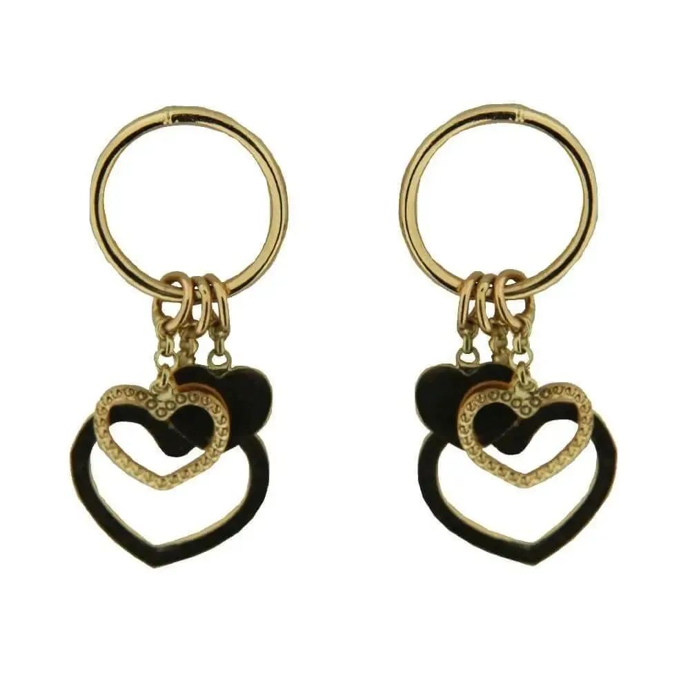 18K Yellow Gold Open Circle Dangling Hearts Post Earrings