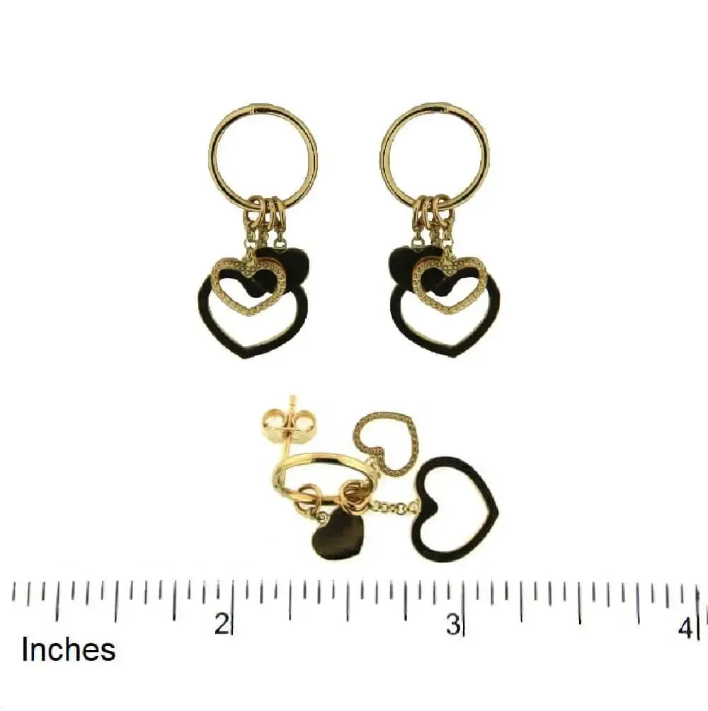 18K Yellow Gold Open Circle Dangling Hearts Post Earrings