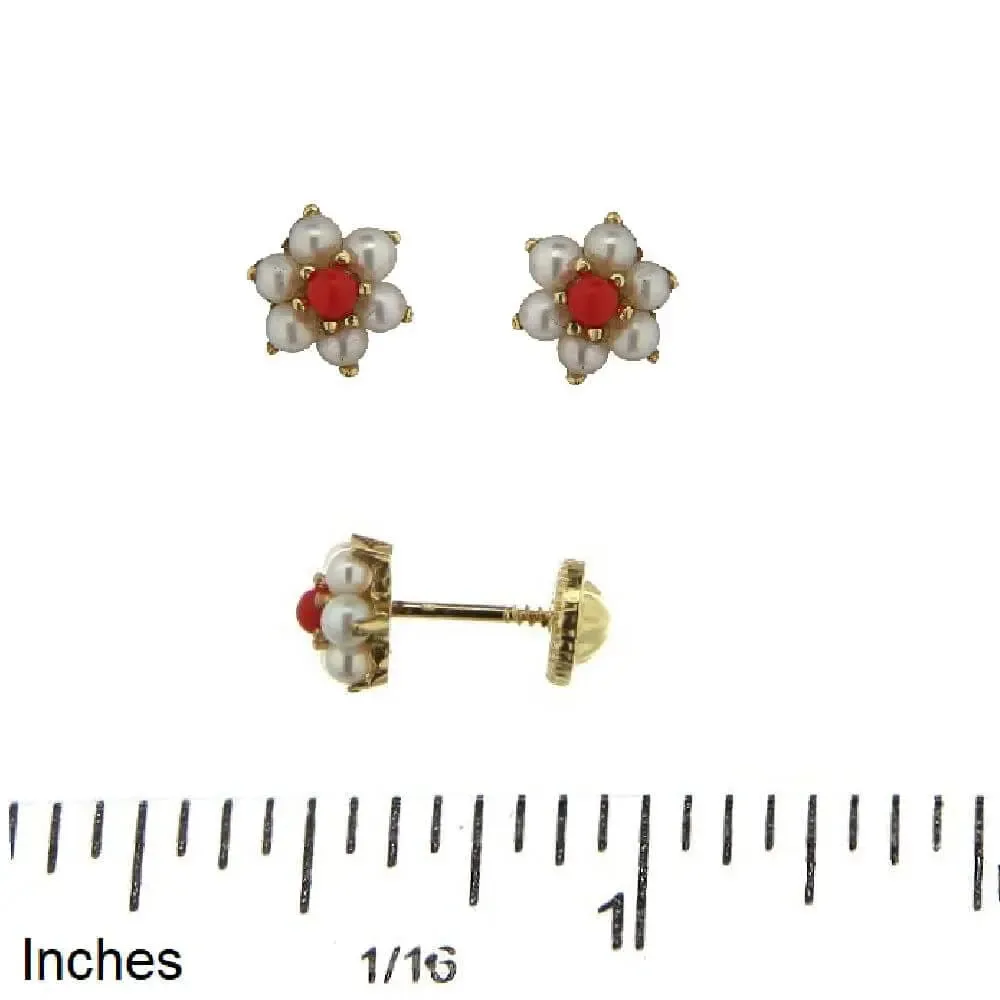 18K Yellow Gold Pearls and Coral Flower Screwback Earrings