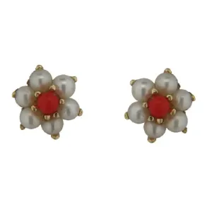 18K Yellow Gold Pearls and Coral Flower Screwback Earrings