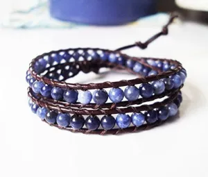 2 wrap kyanite bracelets,stone bracelets,leather bracelets,men bracelets,women bracelets,blue bracelets,fashion bracelets