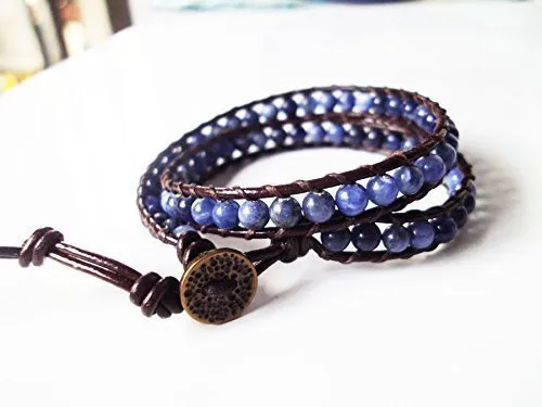2 wrap kyanite bracelets,stone bracelets,leather bracelets,men bracelets,women bracelets,blue bracelets,fashion bracelets