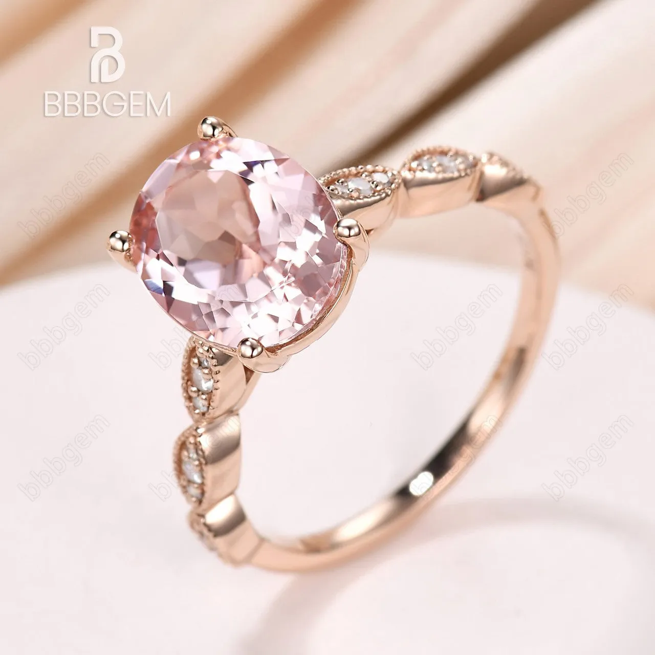 3 Carat 8x10mm Pink Morganite Solitaire Engagement Ring Marquise Diamond Half Eternity Band in 14K/18K Rose Gold