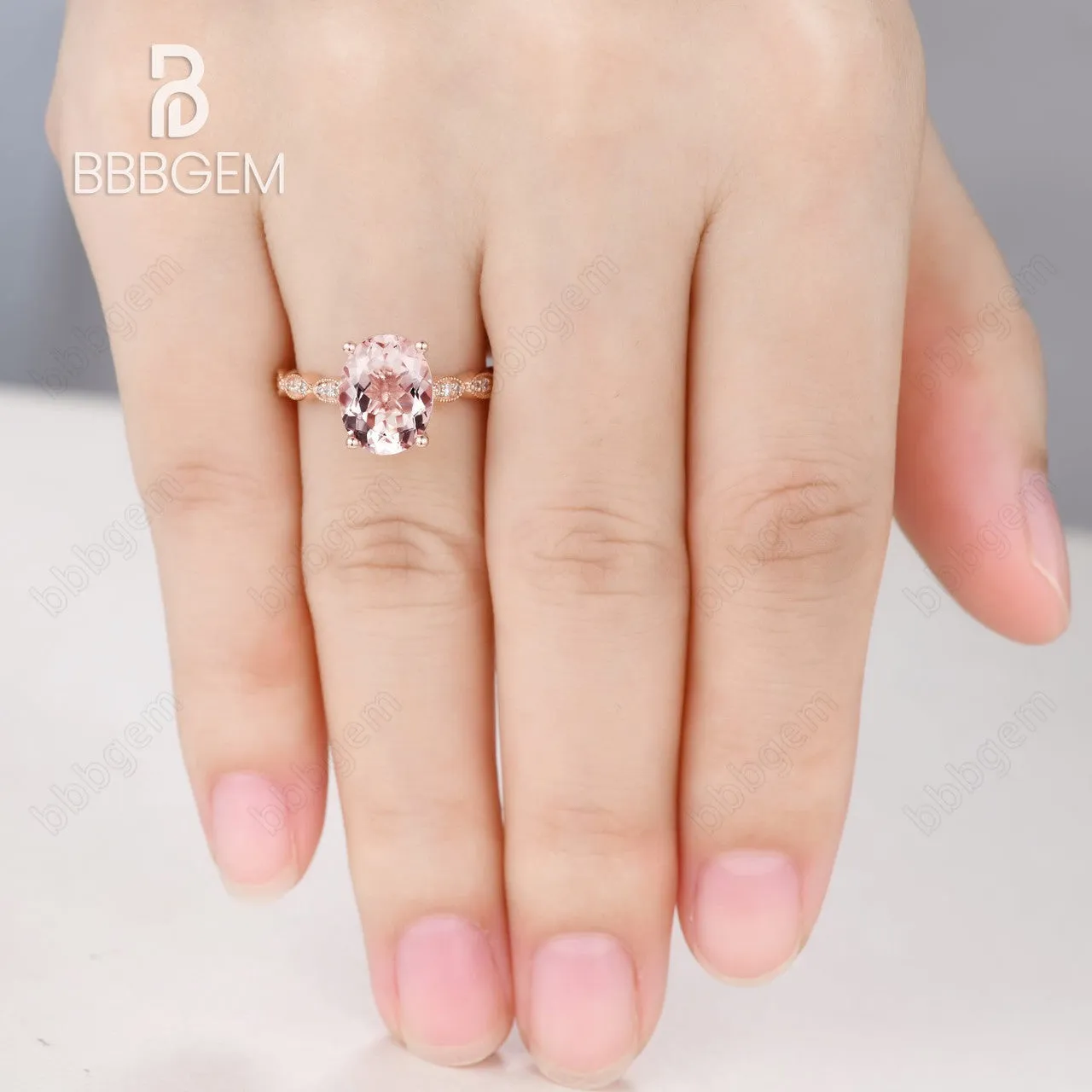 3 Carat 8x10mm Pink Morganite Solitaire Engagement Ring Marquise Diamond Half Eternity Band in 14K/18K Rose Gold