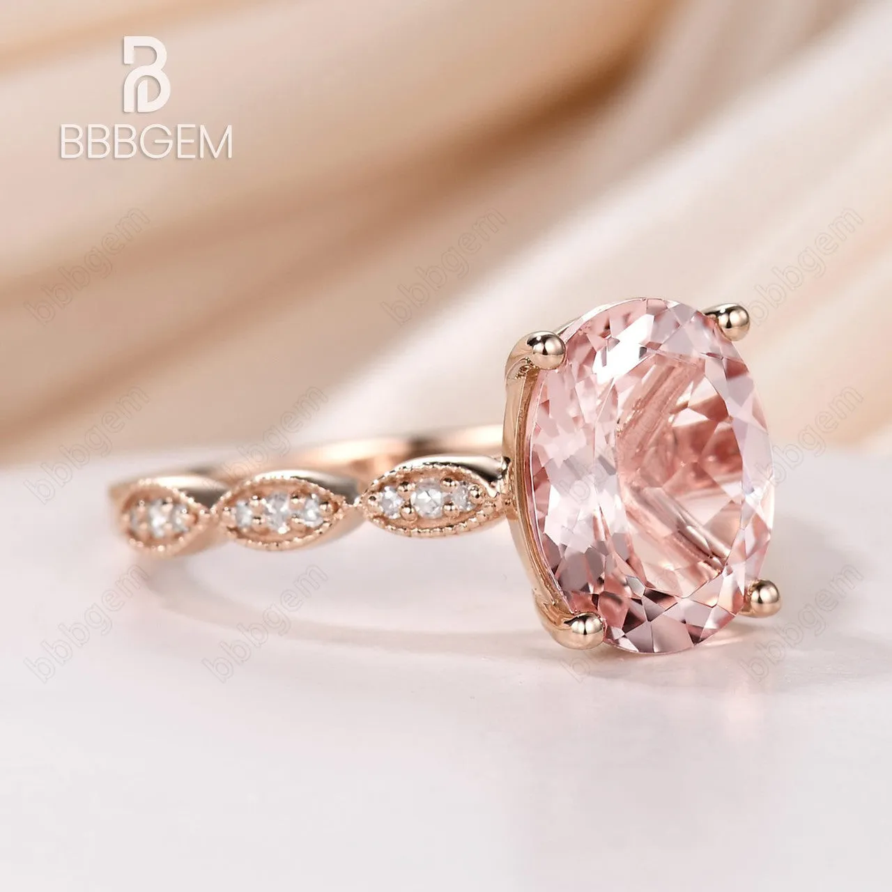 3 Carat 8x10mm Pink Morganite Solitaire Engagement Ring Marquise Diamond Half Eternity Band in 14K/18K Rose Gold