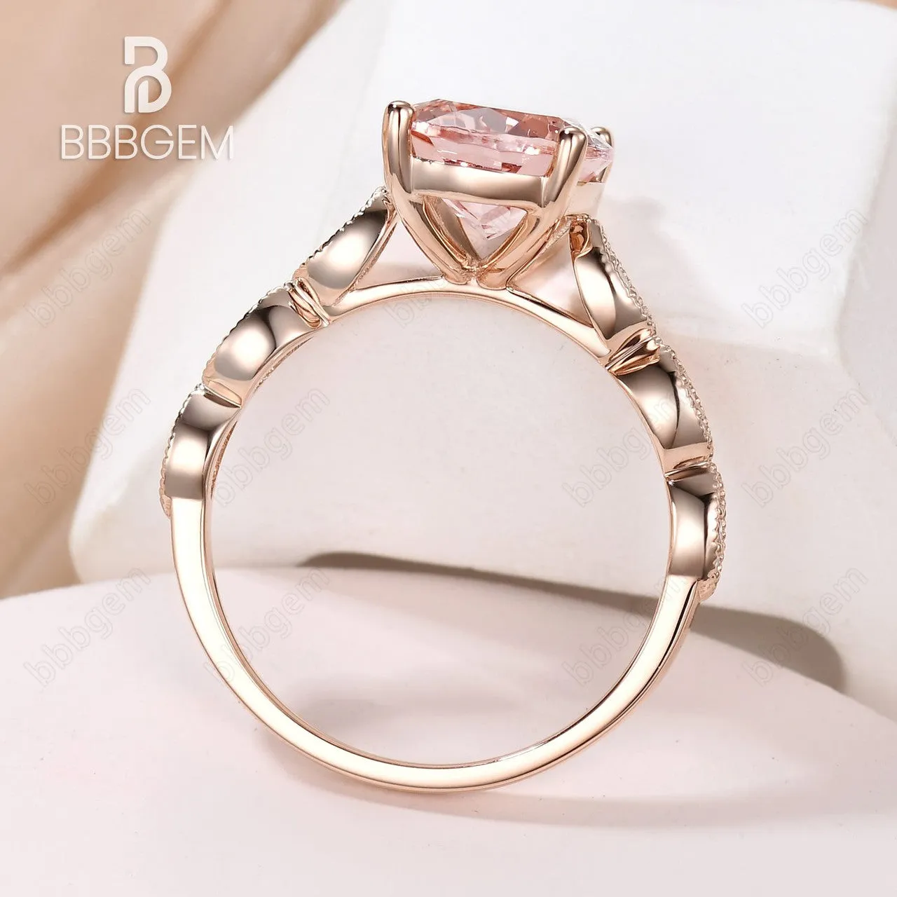 3 Carat 8x10mm Pink Morganite Solitaire Engagement Ring Marquise Diamond Half Eternity Band in 14K/18K Rose Gold