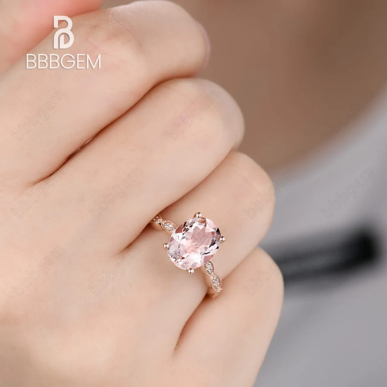 3 Carat 8x10mm Pink Morganite Solitaire Engagement Ring Marquise Diamond Half Eternity Band in 14K/18K Rose Gold