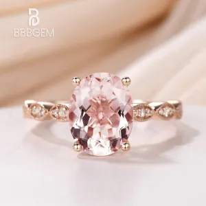 3 Carat 8x10mm Pink Morganite Solitaire Engagement Ring Marquise Diamond Half Eternity Band in 14K/18K Rose Gold