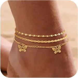 3 Pcs Gold Layered Butterfly Anklets for Women Dainty Cute Butterfly Charm Ankle Bracelets Trendy Non Tranish Gold Cuban Ankle Chains Summer Beach Foot Jewelry Gift for Her