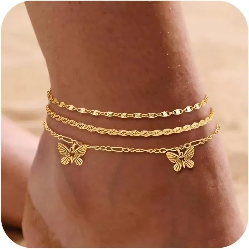 3 Pcs Gold Layered Butterfly Anklets for Women Dainty Cute Butterfly Charm Ankle Bracelets Trendy Non Tranish Gold Cuban Ankle Chains Summer Beach Foot Jewelry Gift for Her