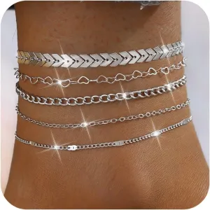 5 Pcs Silver Anklets for Women Trendy Layered Heart Fish Bone Chain Anklets Waterproof Silver Link Chain Ankle Bracelets Non Tarnish Summer Beach Foot Jewelry Accessories
