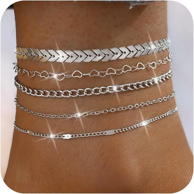 5 Pcs Silver Anklets for Women Trendy Layered Heart Fish Bone Chain Anklets Waterproof Silver Link Chain Ankle Bracelets Non Tarnish Summer Beach Foot Jewelry Accessories