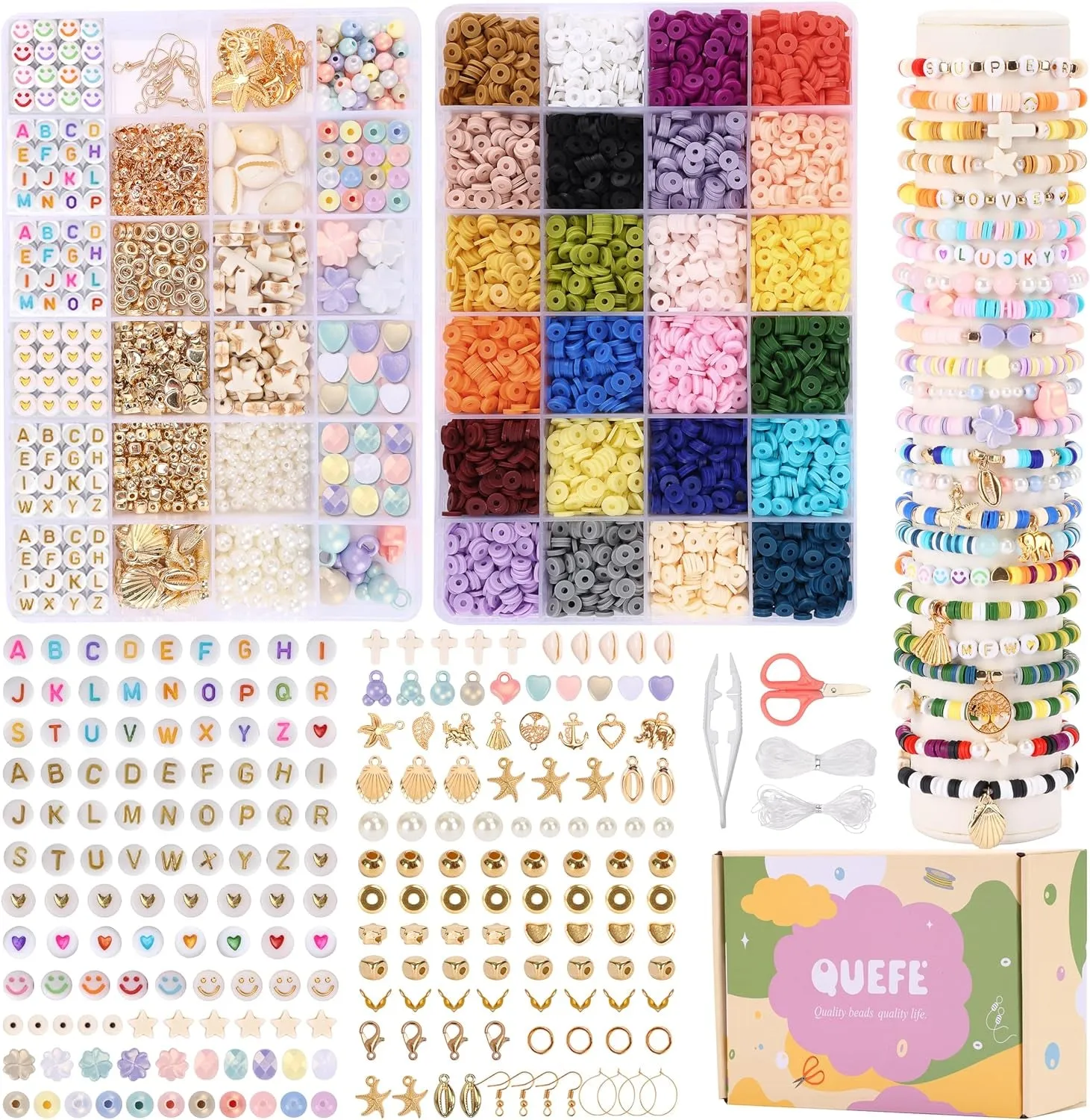 6000Pcs Clay Beads Bracelet Making Kit for Adults, 24 Colors Flat Heishi Clay Beads with Charms, Preppy Beads for Jewelry Earring Craft Making