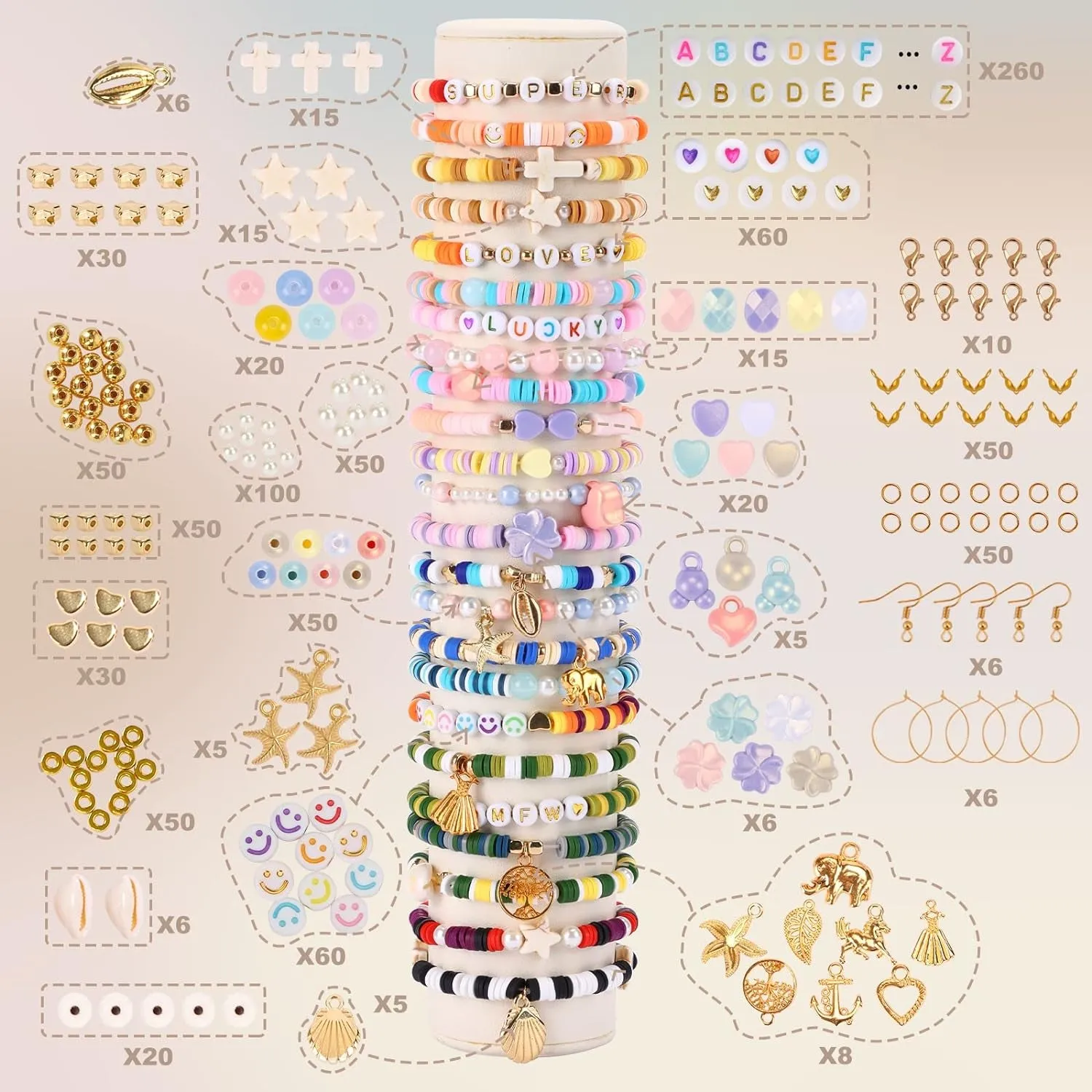 6000Pcs Clay Beads Bracelet Making Kit for Adults, 24 Colors Flat Heishi Clay Beads with Charms, Preppy Beads for Jewelry Earring Craft Making