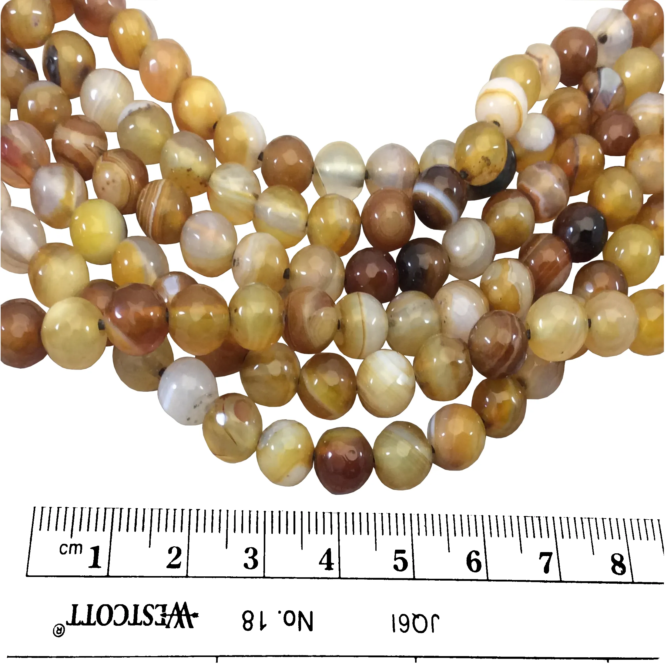 8mm Natural Mixed Yellow/Brown Agate Faceted Glossy Round/Ball Shape Beads W 1.5mm Holes - 7.5" Strand (Approx. 24 Beads) - LARGE HOLE BEADS