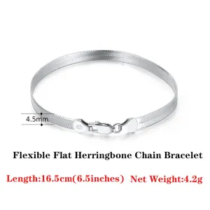 925 Sterling Silver 4.5mm Italian Handmade Flexible Flat Herringbone Bracelet for Women