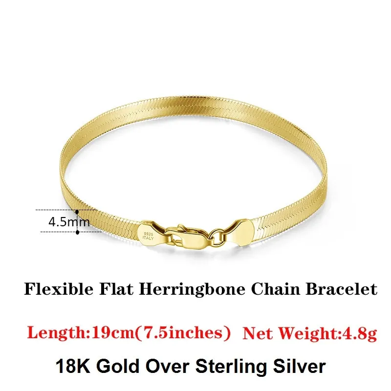 925 Sterling Silver 4.5mm Italian Handmade Flexible Flat Herringbone Bracelet for Women