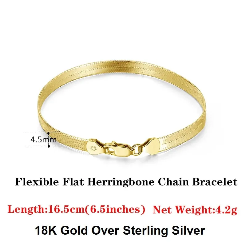 925 Sterling Silver 4.5mm Italian Handmade Flexible Flat Herringbone Bracelet for Women
