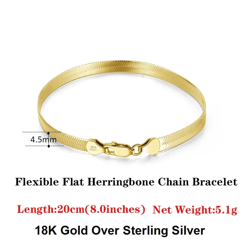 925 Sterling Silver 4.5mm Italian Handmade Flexible Flat Herringbone Bracelet for Women