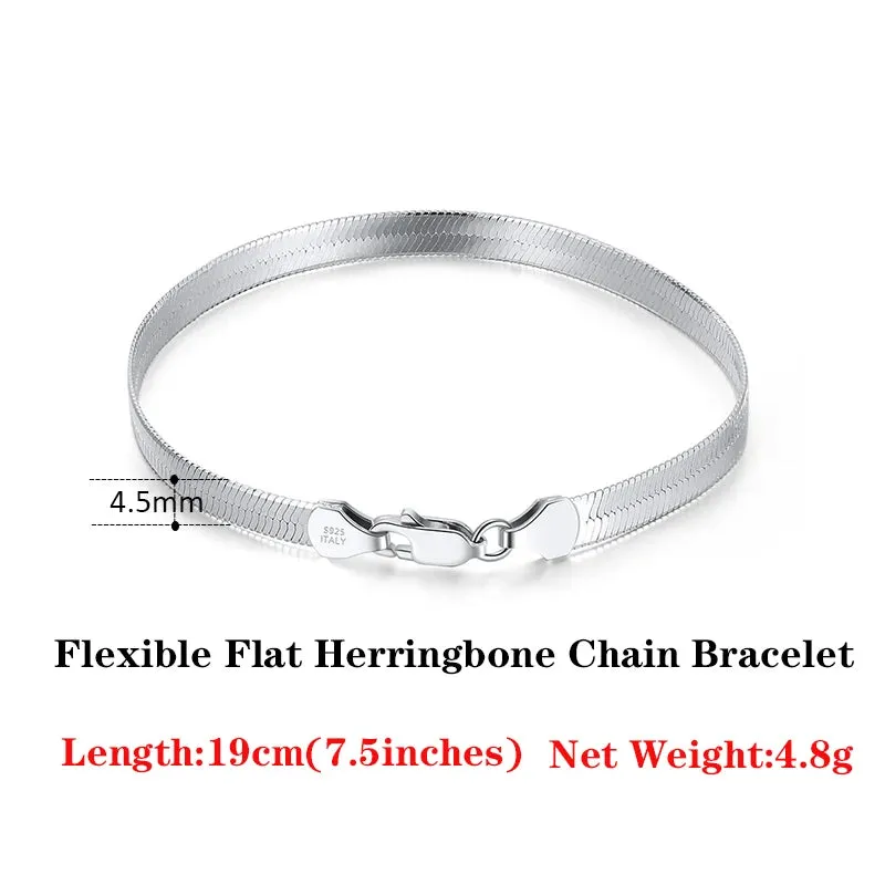 925 Sterling Silver 4.5mm Italian Handmade Flexible Flat Herringbone Bracelet for Women