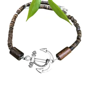 Anchor Mens Anklet, Men's Natural Ankle Bracelet with Wooden Beads
