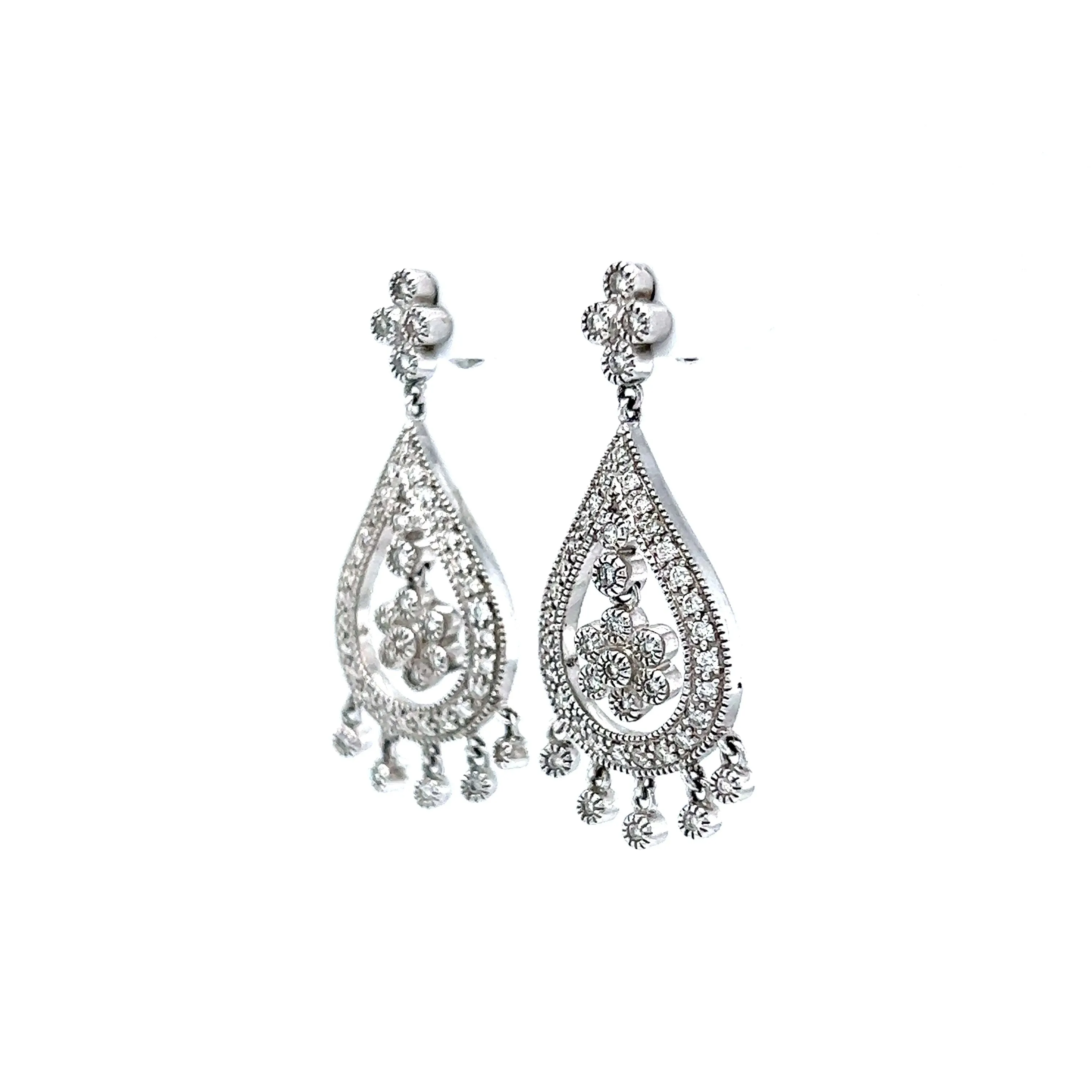 Antique Style Chandelier Diamond Dangle Earrings in 14k White Gold