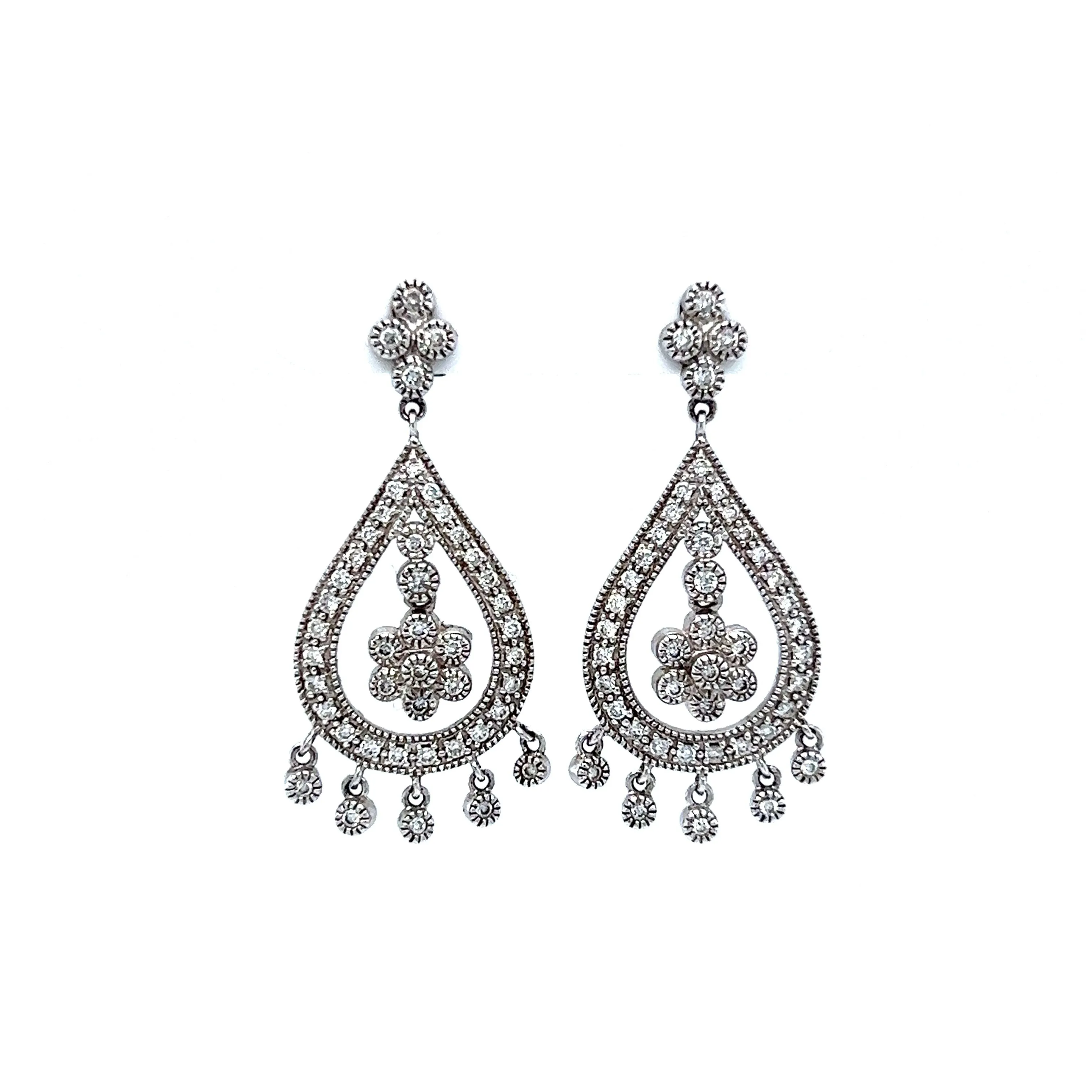 Antique Style Chandelier Diamond Dangle Earrings in 14k White Gold