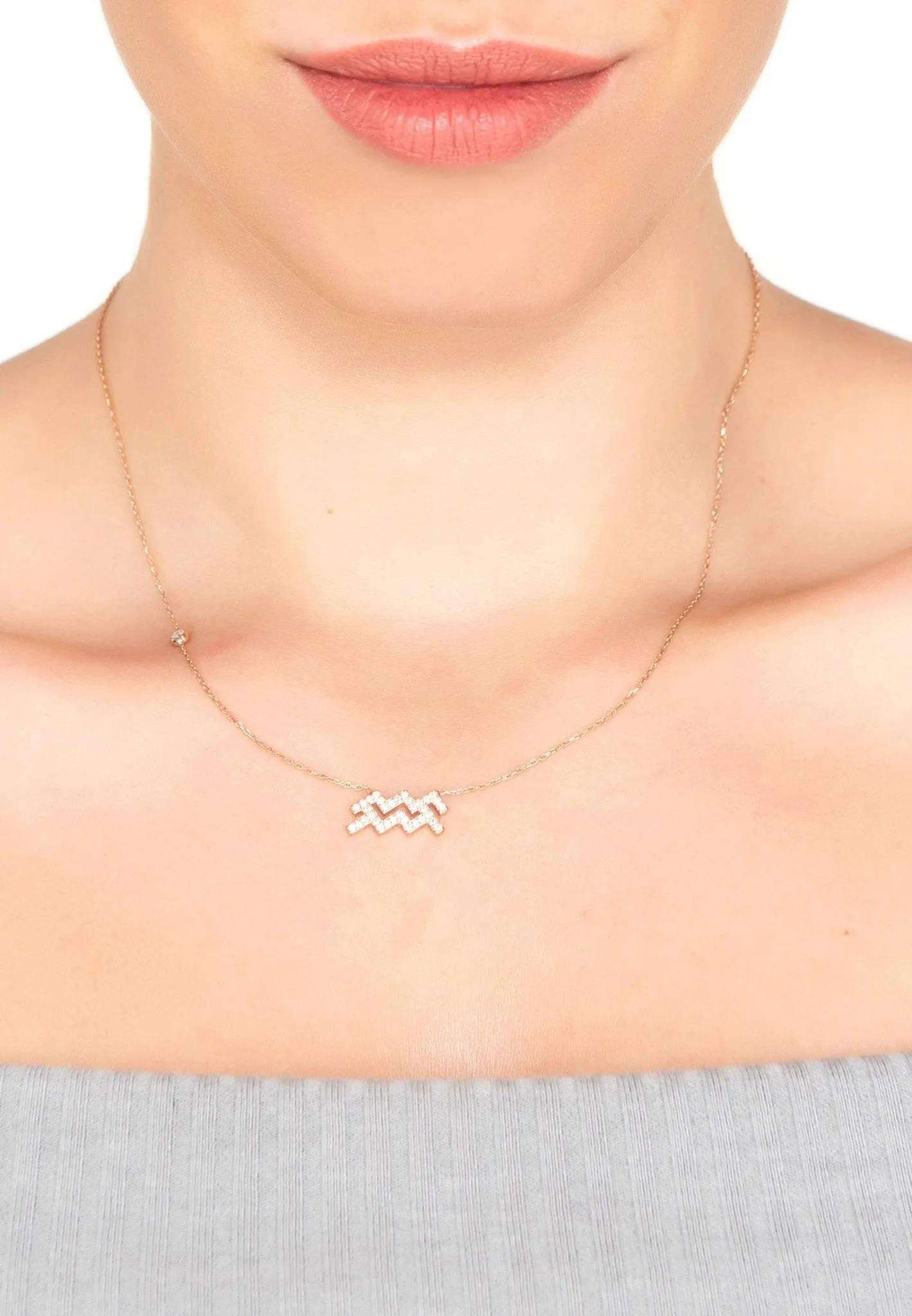 Aquarius Zodiac Necklace Dipped in Rose Gold with White Zircons
