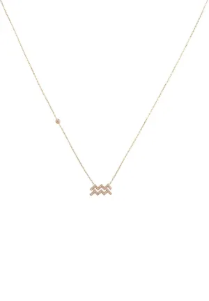 Aquarius Zodiac Necklace Dipped in Rose Gold with White Zircons