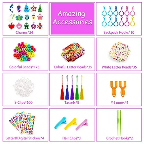 AX19001 Rubber Band Bracelet Kit for Girls Toys - 11700  PCS DIY Bracelet Making Kit Includes 10000  Bands in 28 Colors, 175 Beads, 30 Charms, 5 Tassels, 5 Crochet Hooks, 3 Hair Clips