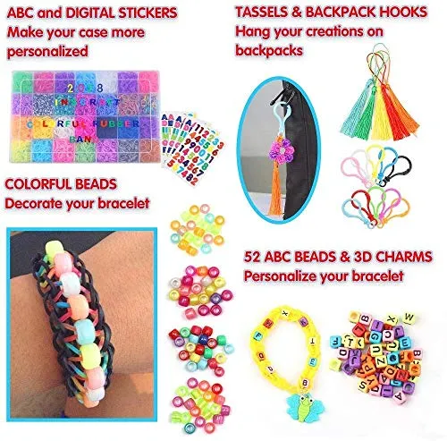AX19001 Rubber Band Bracelet Kit for Girls Toys - 11700  PCS DIY Bracelet Making Kit Includes 10000  Bands in 28 Colors, 175 Beads, 30 Charms, 5 Tassels, 5 Crochet Hooks, 3 Hair Clips