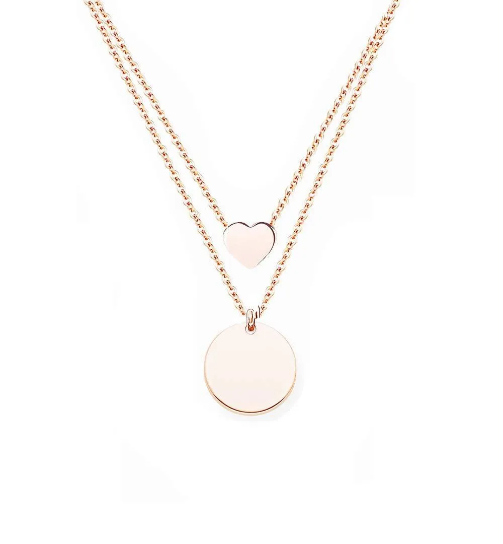 Baobei Women Layered Necklace Circle Pendants Rose Gold Plated Stainless Steel circle Necklace Heart Double Row Necklace Round Charms Minimalist Style Geometric Design Nickel Free