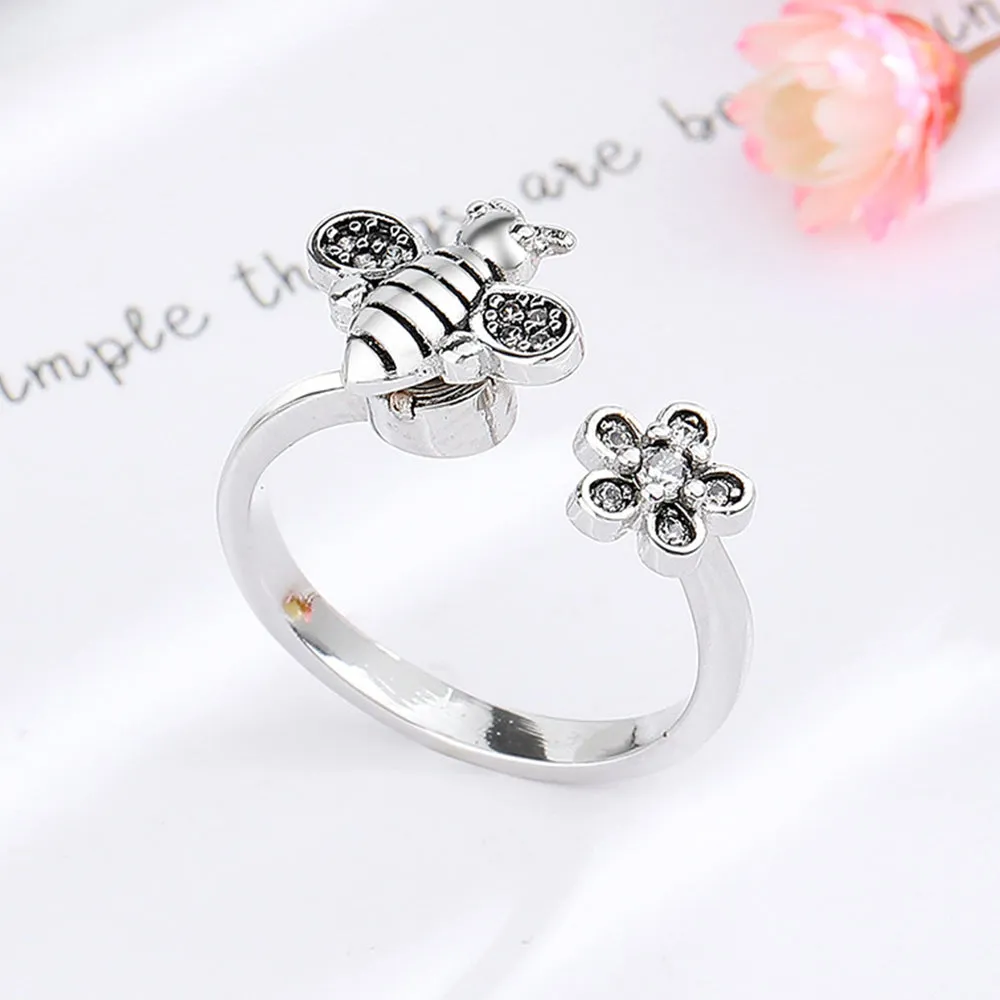 Bee Daisy Rotating Rings Adjustable Fidget Rings for Anxiety Relieving Stress Jewelry Gift for Women