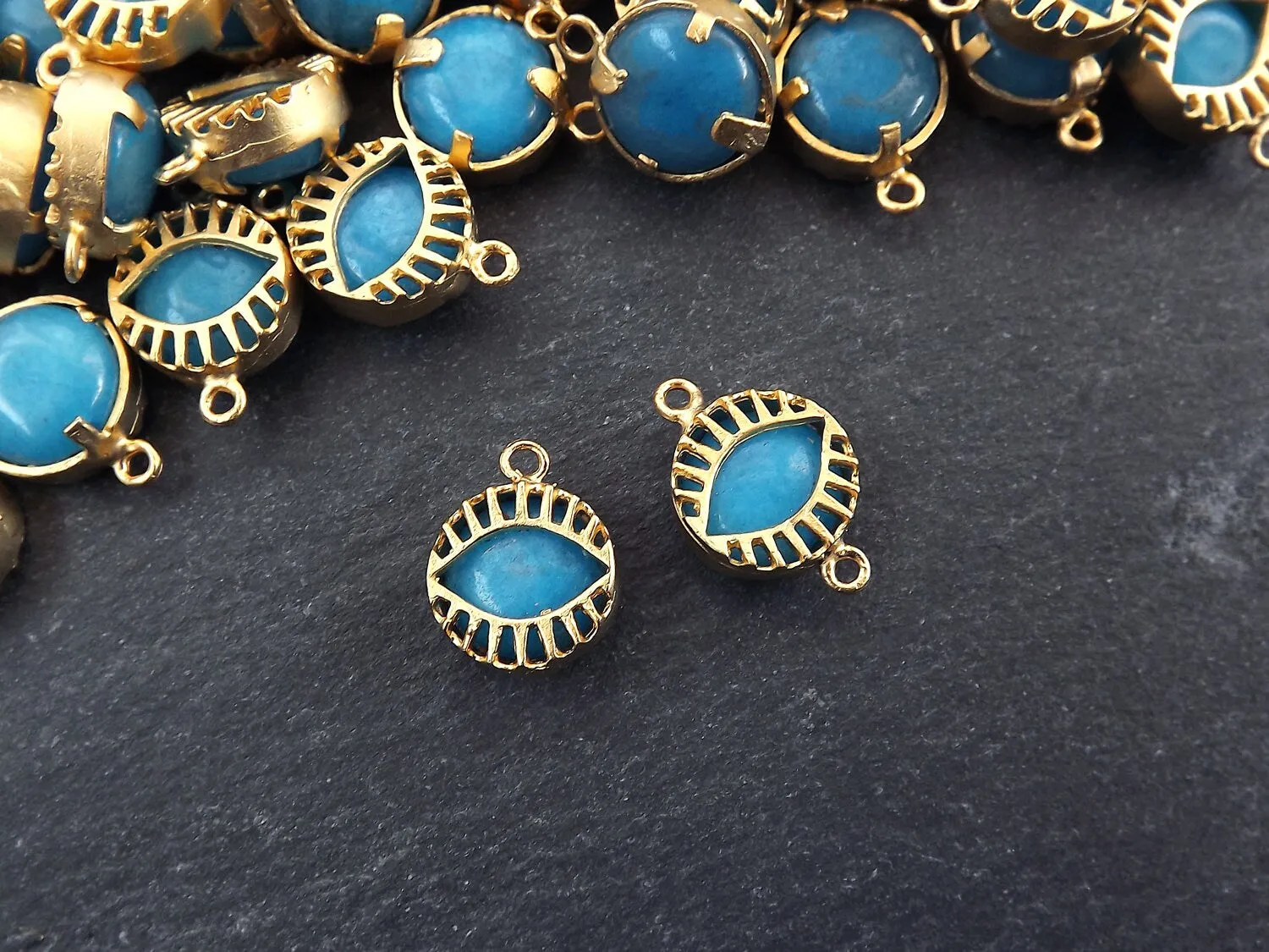 Blue Evil Eye Charm Jade Stone Connector, Evil Eye Pendant, Caged Evil Eye, Necklace Pendant, Lucky, Protective - 22k Matte Gold Plated