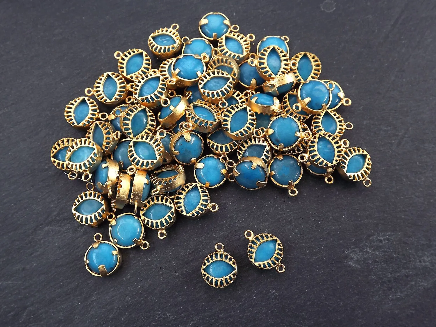 Blue Evil Eye Charm Jade Stone Connector, Evil Eye Pendant, Caged Evil Eye, Necklace Pendant, Lucky, Protective - 22k Matte Gold Plated