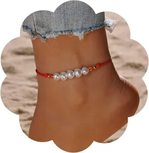 Boho White Pearl Anklet Red Leather Anklet Pearl Bead Anklet Bracelet Leather Rope Anklet Foot Chain Adjustable Leather Anklets Jewelry for Women