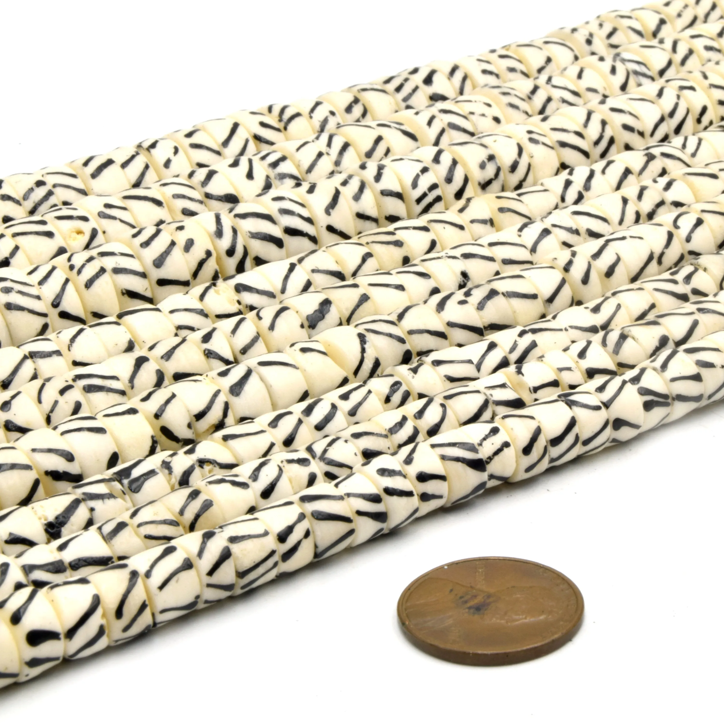 Bone Batik Heishi Beads | White Triple Slash Design | Unique Crafting Supplies