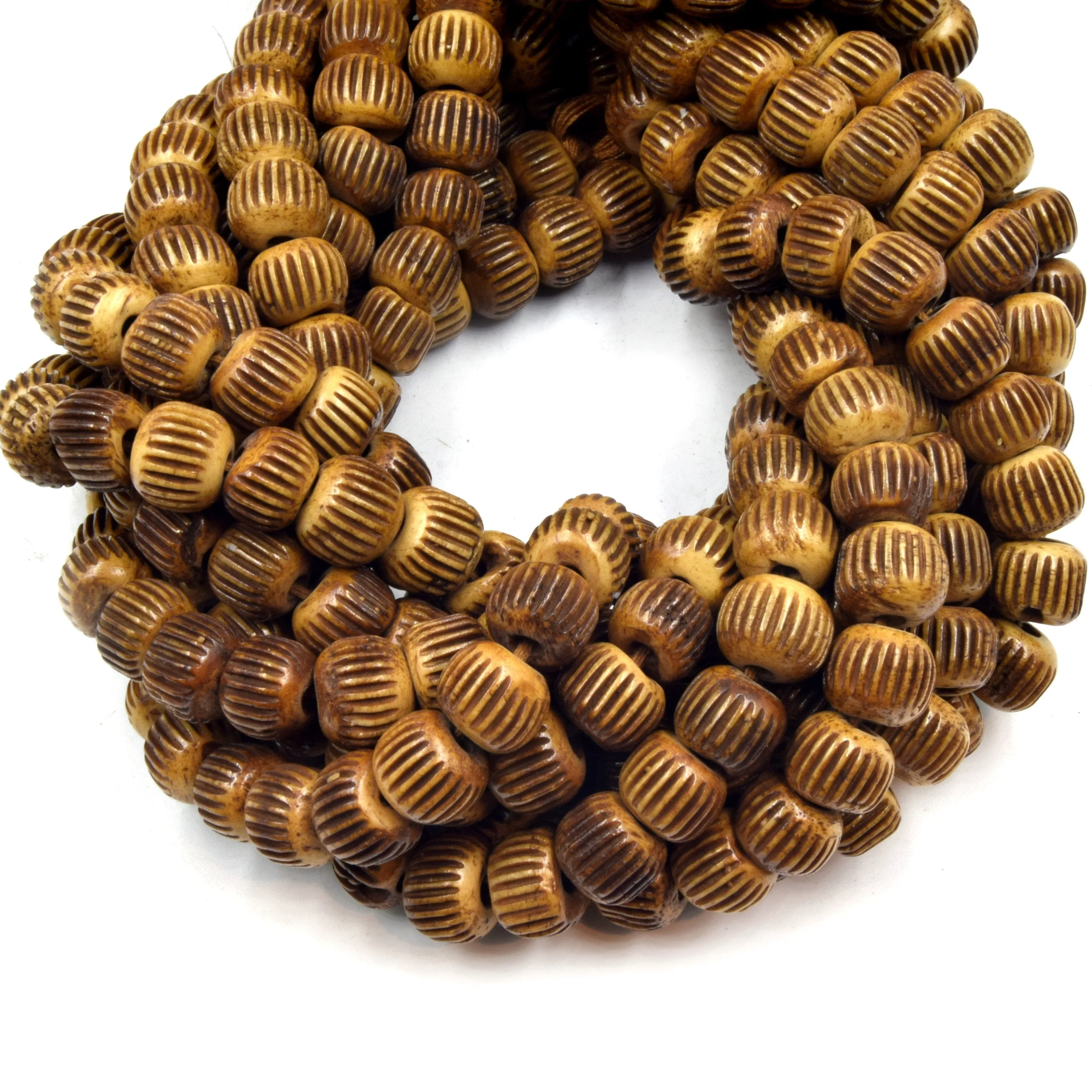 Carved Ox Bone Rondelle Beads with Slash Patterns in White, Light Brown, and Medium Brown (Available in 6mm, 8mm, 10mm, and 12mm Sizes)