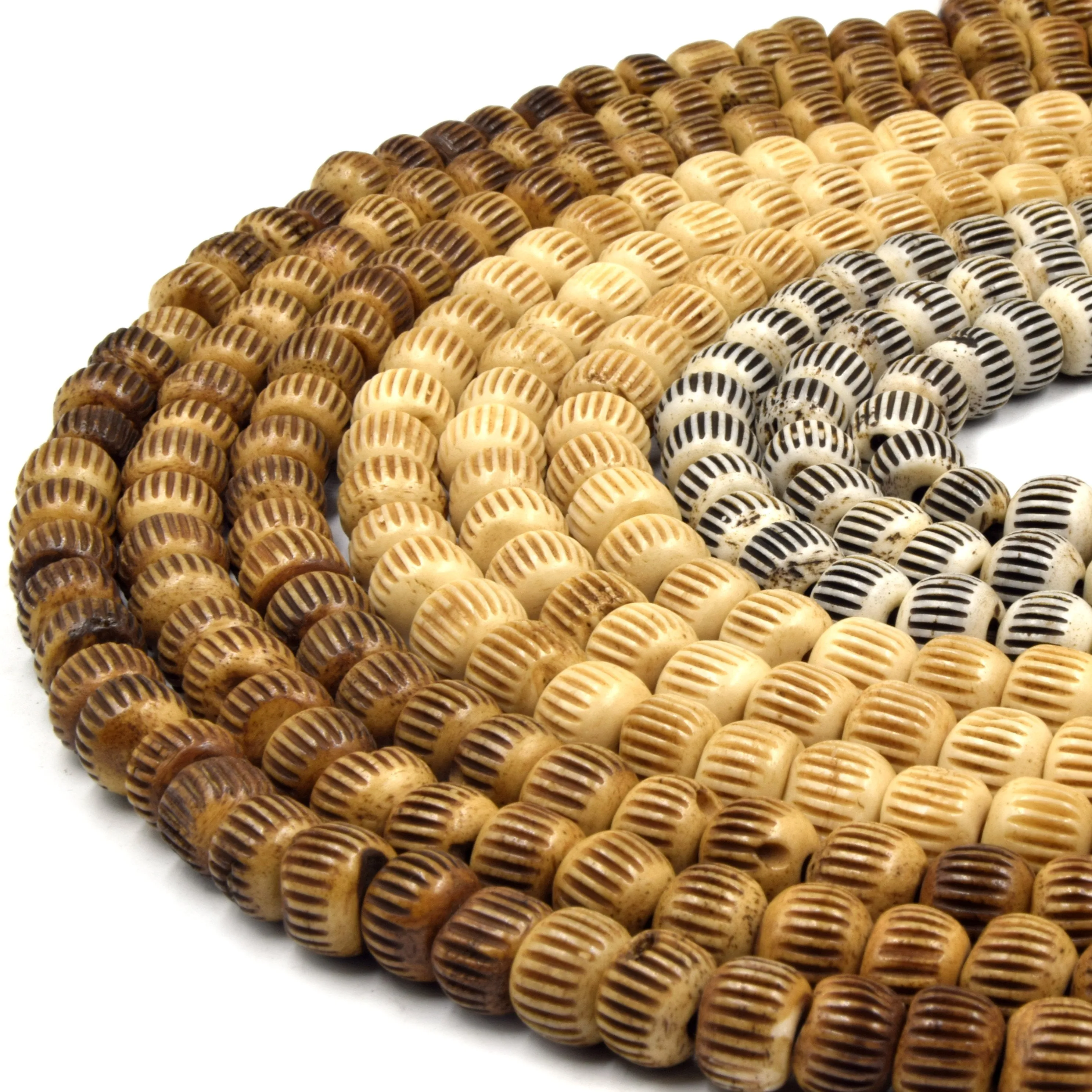 Carved Ox Bone Rondelle Beads with Slash Patterns in White, Light Brown, and Medium Brown (Available in 6mm, 8mm, 10mm, and 12mm Sizes)