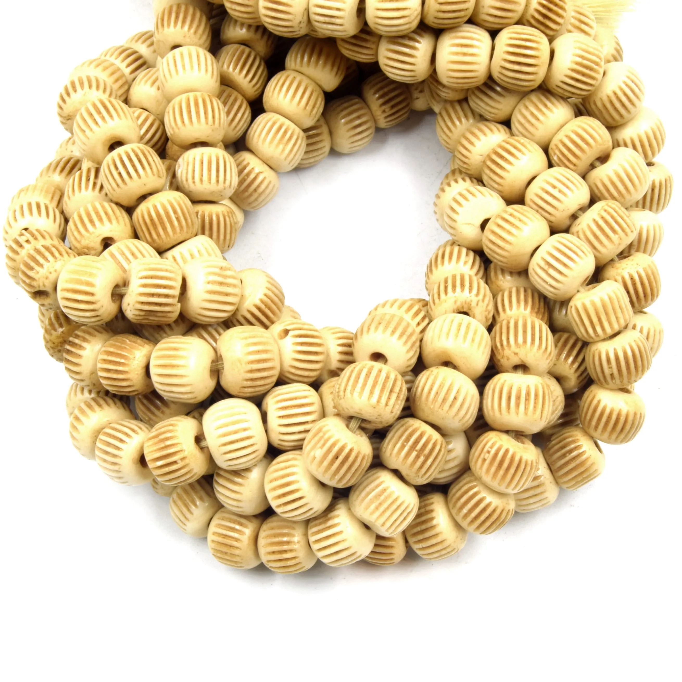 Carved Ox Bone Rondelle Beads with Slash Patterns in White, Light Brown, and Medium Brown (Available in 6mm, 8mm, 10mm, and 12mm Sizes)