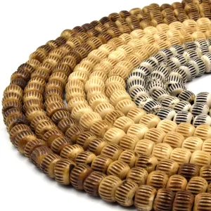 Carved Ox Bone Rondelle Beads with Slash Patterns in White, Light Brown, and Medium Brown (Available in 6mm, 8mm, 10mm, and 12mm Sizes)