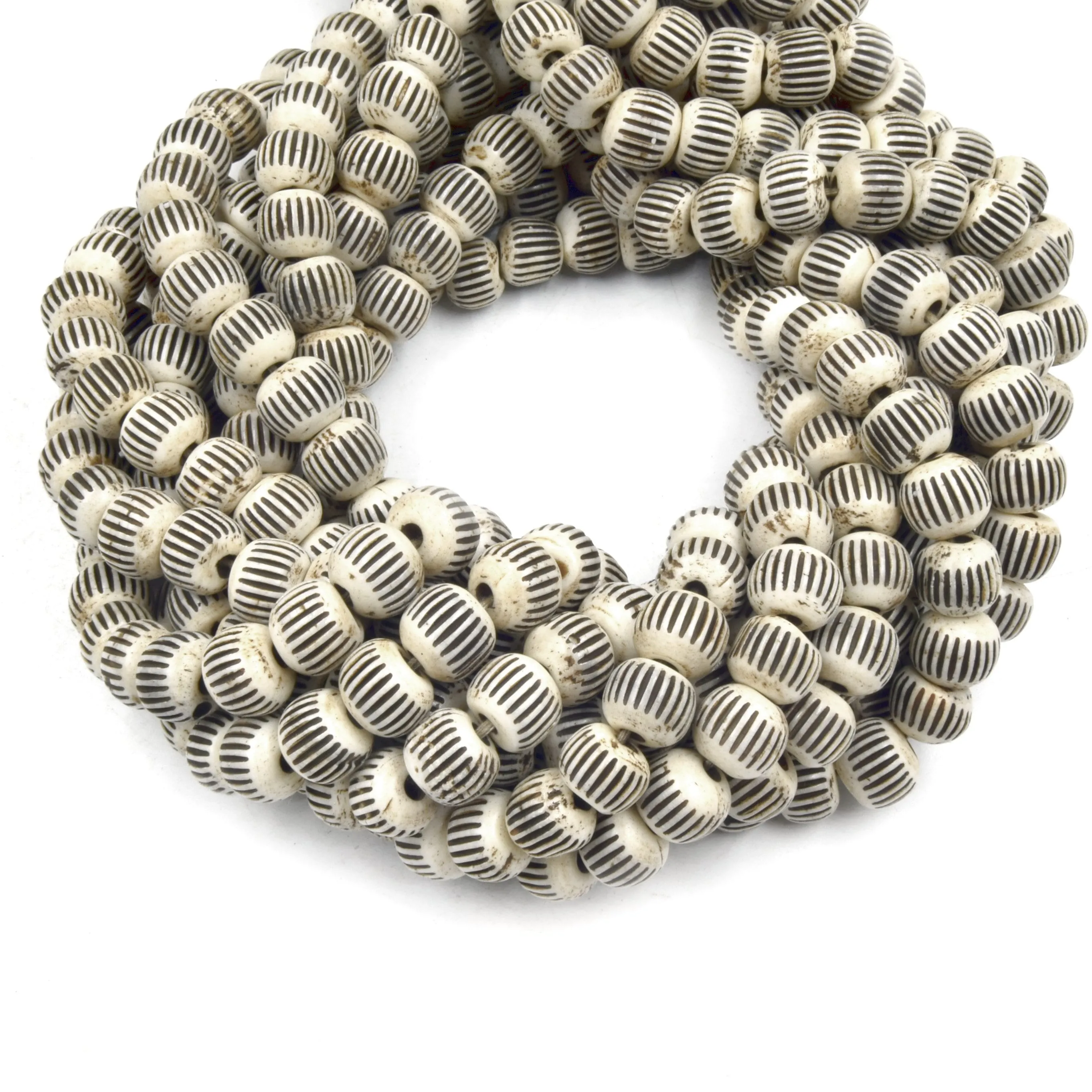 Carved Ox Bone Rondelle Beads with Slash Patterns in White, Light Brown, and Medium Brown (Available in 6mm, 8mm, 10mm, and 12mm Sizes)