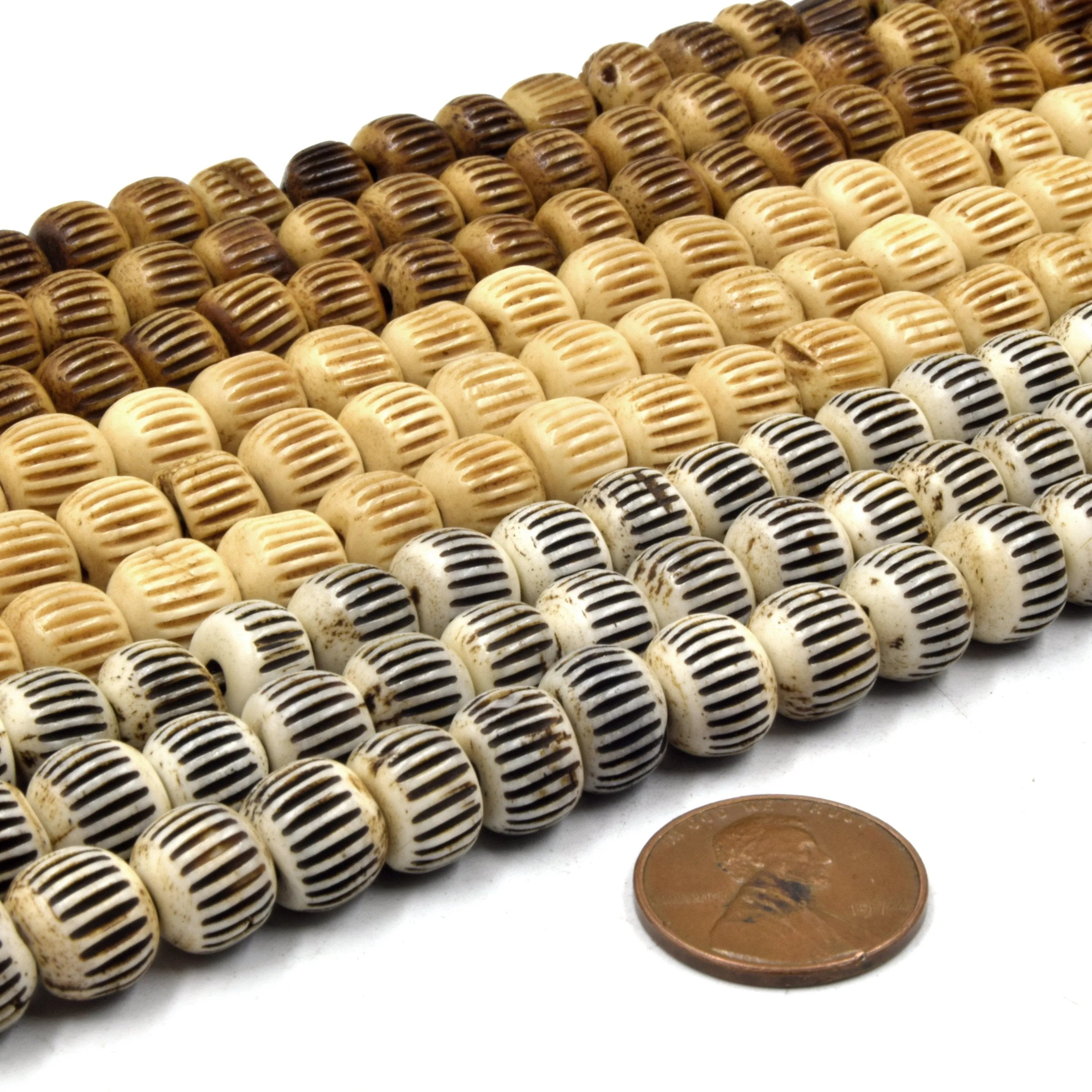 Carved Ox Bone Rondelle Beads with Slash Patterns in White, Light Brown, and Medium Brown (Available in 6mm, 8mm, 10mm, and 12mm Sizes)